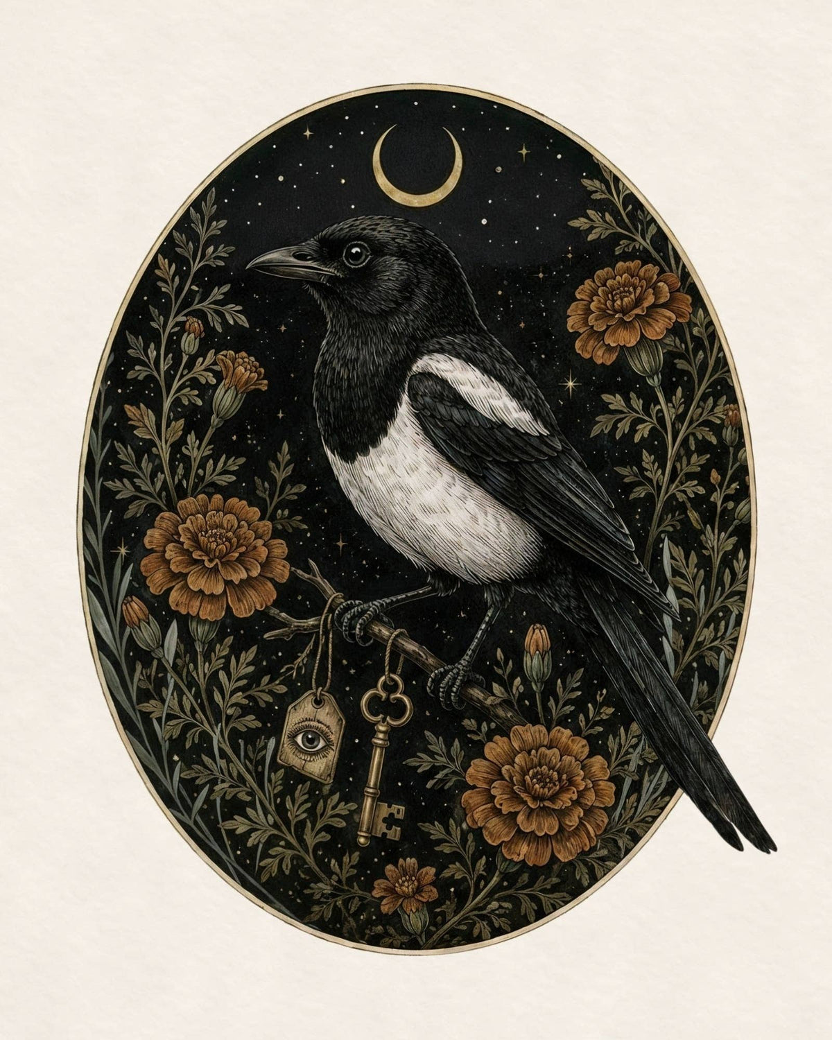 The Marigold Magpie - Gothic Botanical Art Print - 8x10