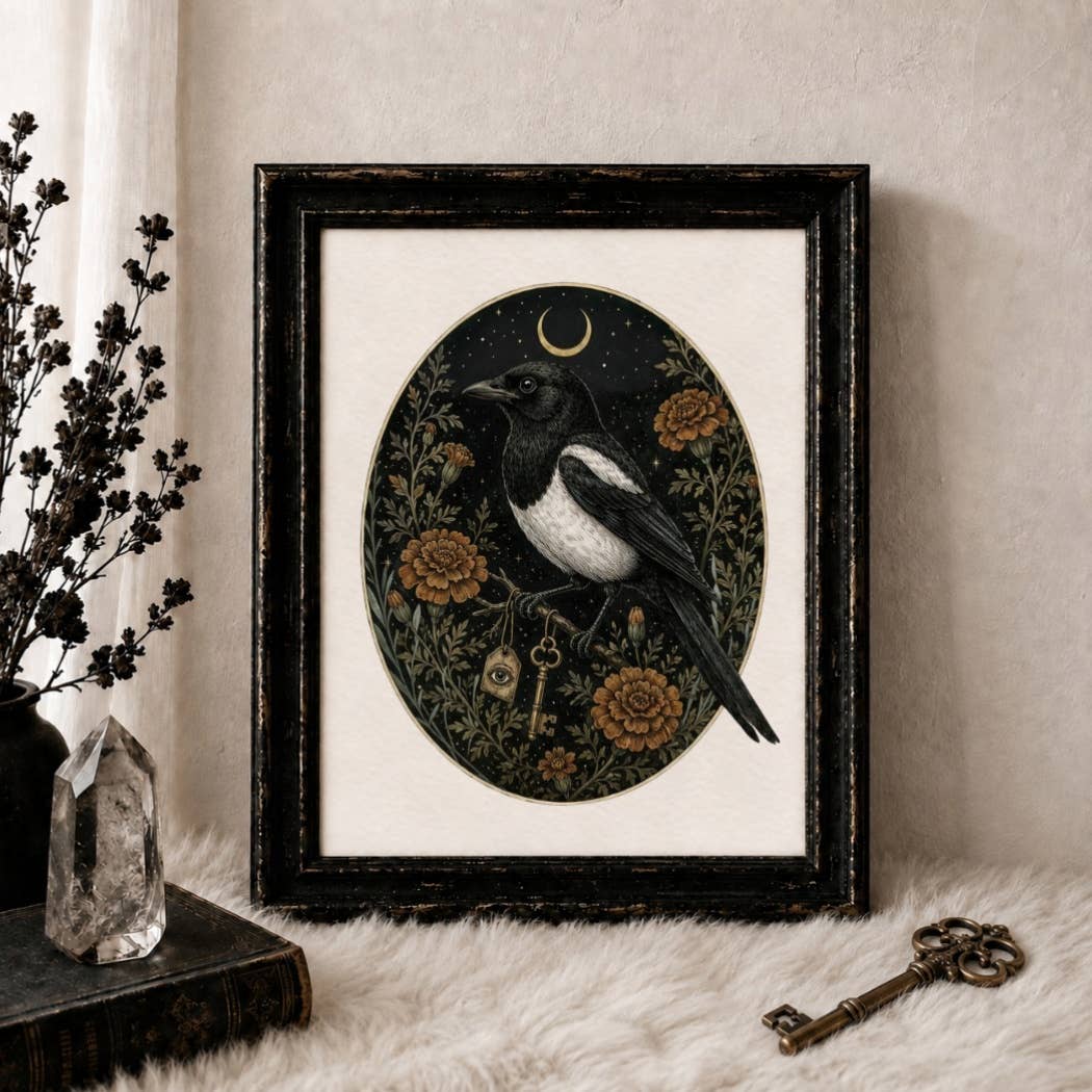 The Marigold Magpie - Gothic Botanical Art Print - 8x10