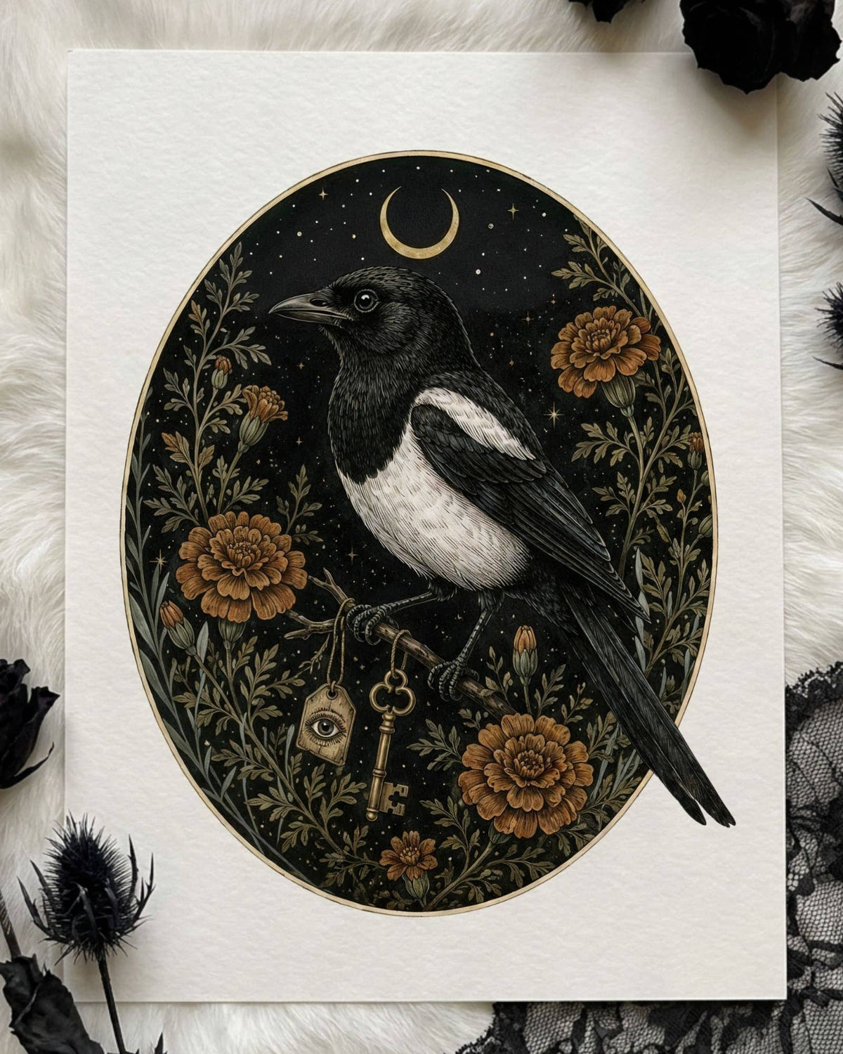 The Marigold Magpie - Gothic Botanical Art Print - 8x10