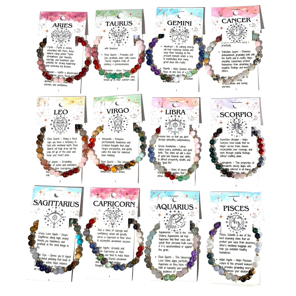 Set of zodiac bracelets with corresponding cards on a white background