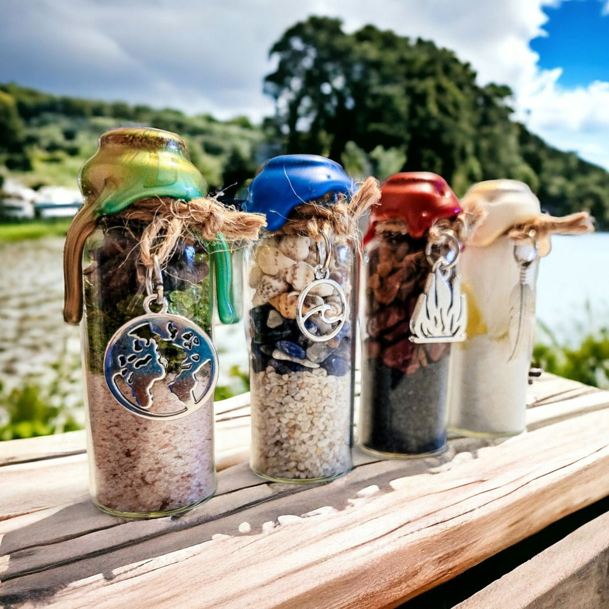 4 Elements Spell Jars Set: Altar Decor with Crystals & Charms